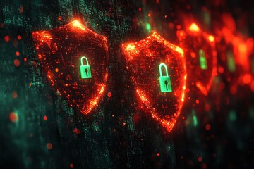 Glowing red shields with padlocks, representing digital security.