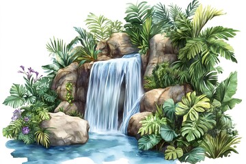 Realistic waterfall background with water rocks sky and trees vector illustration
