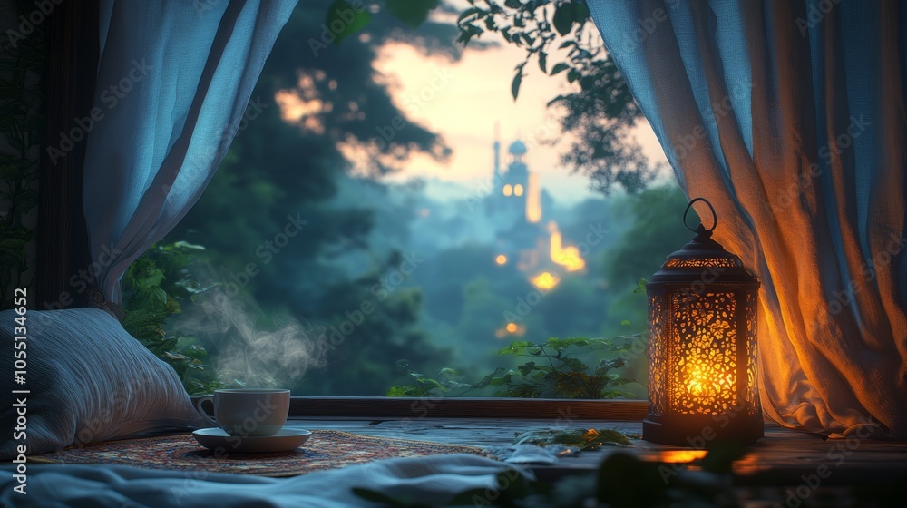 Poster a steaming cup of tea sits on a windowsill with a lantern and a book, overlooking a hazy view of a t
