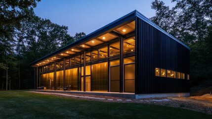 Obraz premium Modern Black House in Dusk's Embrace: A contemporary home with a sleek black exterior and expansive windows bathed in the warm glow of twilight, nestled amidst a lush green forest.