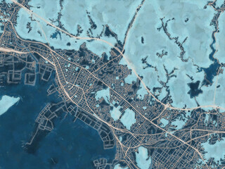 Painterly Style City Map of Tokuyama, Japan in a Blue Color Scheme.