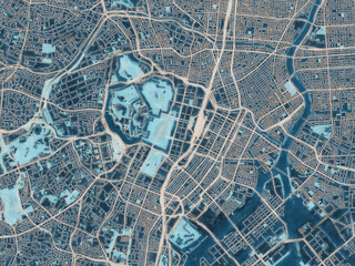 Painterly Style City Map of Tokyo City Center, Japan in a Blue Color Scheme.