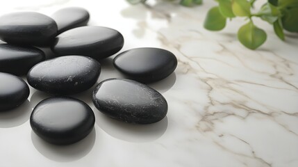 Fototapeta premium Black spa stones scattered across a white marble table, with delicate lighting, leaving space for text, perfect for wellness marketing and calming visuals