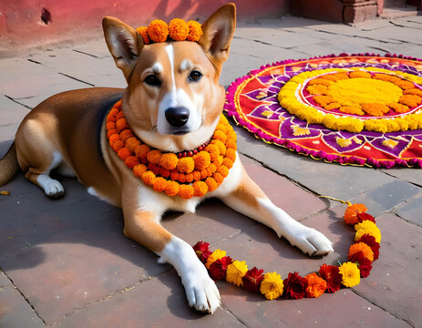 Happy Dog Adorned with Marigold Garland and Tika for Kukur Tihar Festival