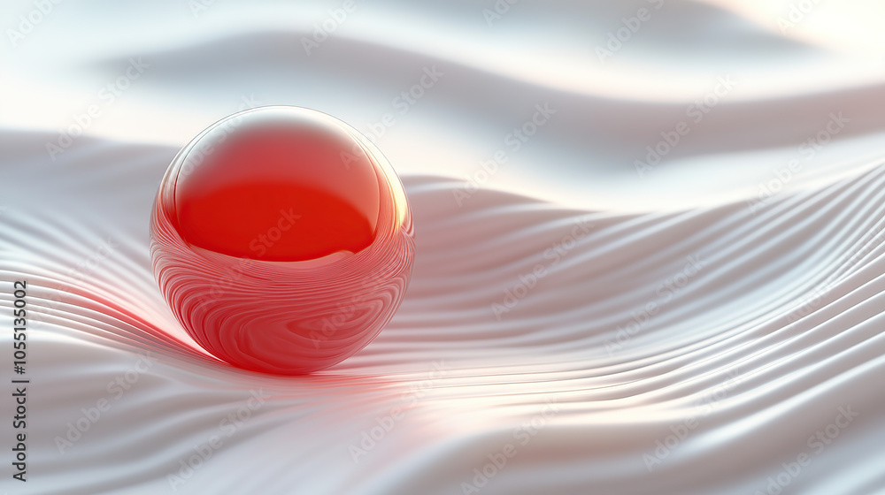 Poster 3d render of a glossy red sphere on a wavy abstract background. minimalistic concept