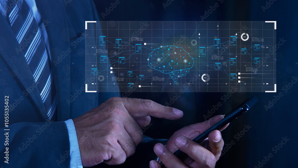Poster businessman using smart phone touching digital brain on screen. technology process system, innovativ