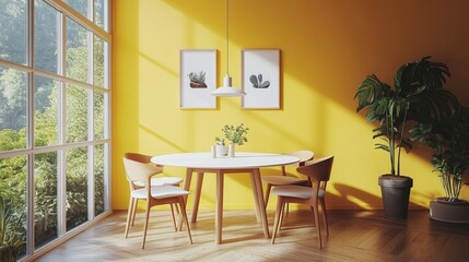 A sunny dining room with a round table and four chairs, a large window, and a yellow wall.