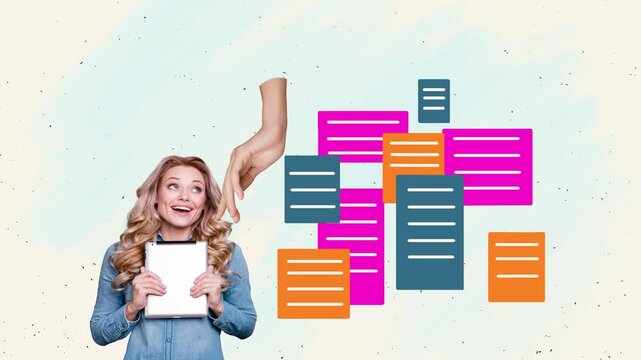 Motion collage video of excited girl freelancer hold tablet hand show webpage icon folder interface 