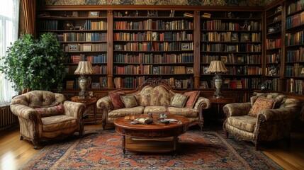A traditional library with a large bookshelf filled with books, two armchairs, a sofa, and a coffee table.