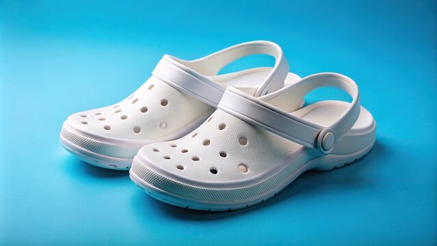 White rubber sandals with straps isolated on blue background