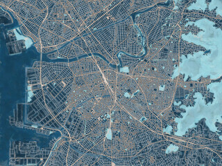 Painterly Style City Map of Toyohashi, Japan in a Blue Color Scheme.