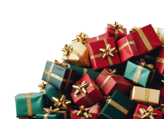 Christmas presents wrapped in colorful paper forming a pile on transparent background