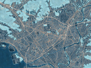 Painterly Style City Map of Toyokawa, Japan in a Blue Color Scheme.