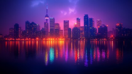 Fototapeta premium A vibrant cityscape skyline at night, illuminated with colorful lights and reflected in the water.