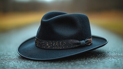 A stylish black hat resting on a road, showcasing its design.