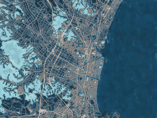 Painterly Style City Map of Tsu, Japan in a Blue Color Scheme.