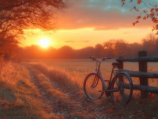 Fototapeta premium Bicycle Silhouette at Sunset, a serene scene of a bike resting on a wooden fence, warm sun setting in the background, peaceful and inviting ambiance