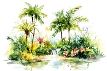 Fototapeta premium Watercolor Florida Hawaii Landscape Painting Illustration on White Background 