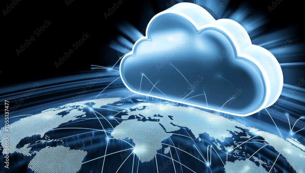 Poster cloud-based security concept with dark blue background, glowing lines connecting clouds and mainfram