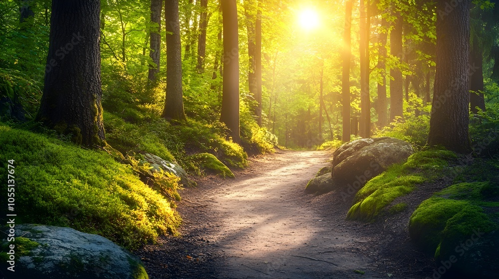 Poster serene 3d scene of a calm forest path winding through a lush verdant landscape with mossy trees rock