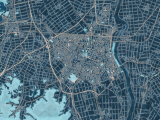 Painterly Style City Map of Tsuruoka, Japan in a Blue Color Scheme.