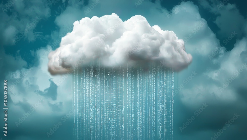 Poster cloud-based security concept with dark blue background, glowing lines connecting clouds and mainfram