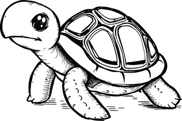 Cute Turtle Black And White Outline For Coloring Book Page