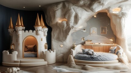 A whimsical children's bedroom with a white castle bed and a round bed in a cave-like setting.