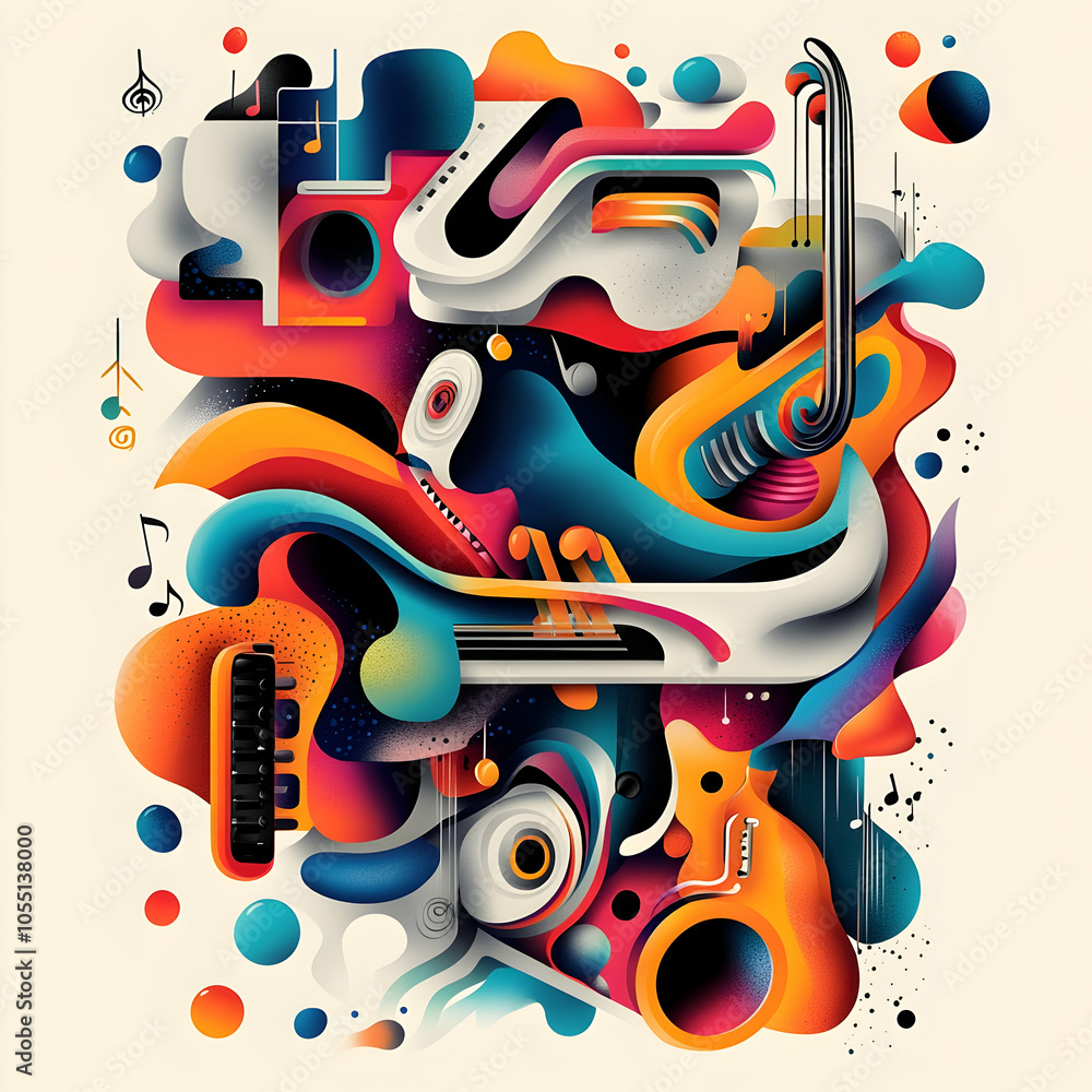 Poster abstract illustration of a musical composition with colorful shapes and patterns.