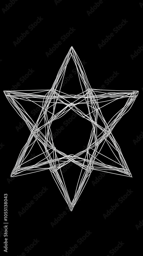 Poster abstract star with 6 points and thin lines on a black background.