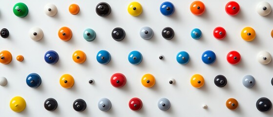 Vivid collection of assorted color push pins pinned to a smooth, pristine whiteboard, with each pin aligned in rows, precise and sharp focus