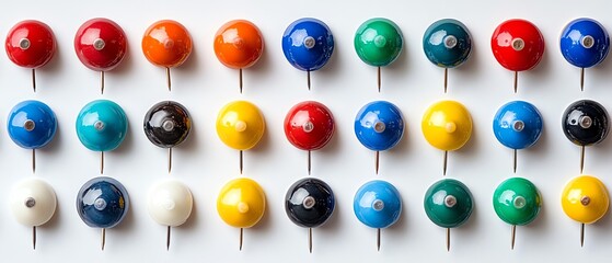 Vivid collection of assorted color push pins pinned to a smooth, pristine whiteboard, with each pin aligned in rows, precise and sharp focus