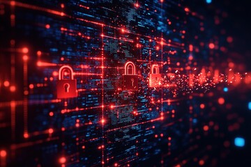 Red padlock icons glow on digital network background.
