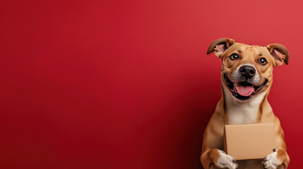 A dog with an exaggerated, wide smile, looking directly at the camera. The dog is happily holding a small package with both of its front paws