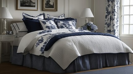 A white and blue bedding set with a floral pattern on a king-size bed, with two bedside tables, lamps, and a floral patterned window curtain.