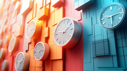 Abstract wall with multiple analog clocks showing different times in a geometric pattern.