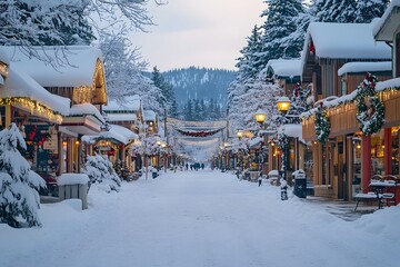 Naklejka premium Snowy street with festive storefronts