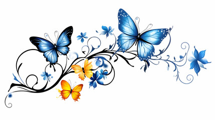 Blue and orange butterflies on a floral vine.