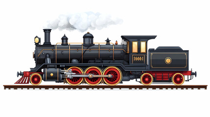 Fototapeta premium Black vintage steam locomotive with red wheels and gold accents on a railway.