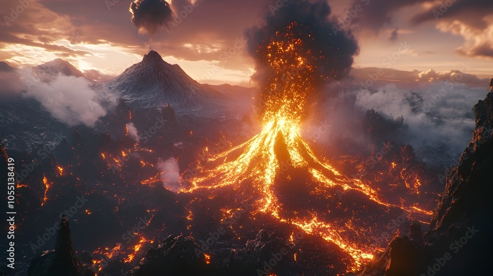 Poster dramatic and intense 3d rendered visualization of a volcano erupting with glowing molten lava toweri