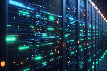 Rows of glowing servers in a data center. (1)