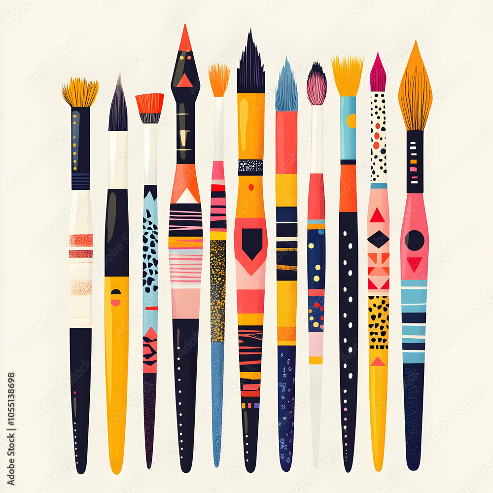 Poster colorful and patterned paintbrushes arranged in a row.