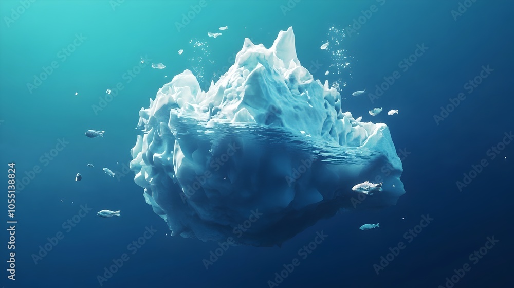 Poster tranquil 3d model of an iceberg floating in deep blue ocean water with underwater details of ice for