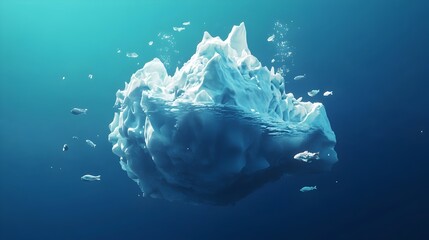 Obraz premium Tranquil 3D model of an iceberg floating in deep blue ocean water with underwater details of ice formations and fish swimming around the submerged sections