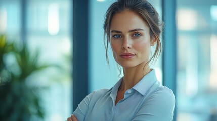 Confident Businesswoman in Modern Office Setting with Natural Light and Greenery in Background
