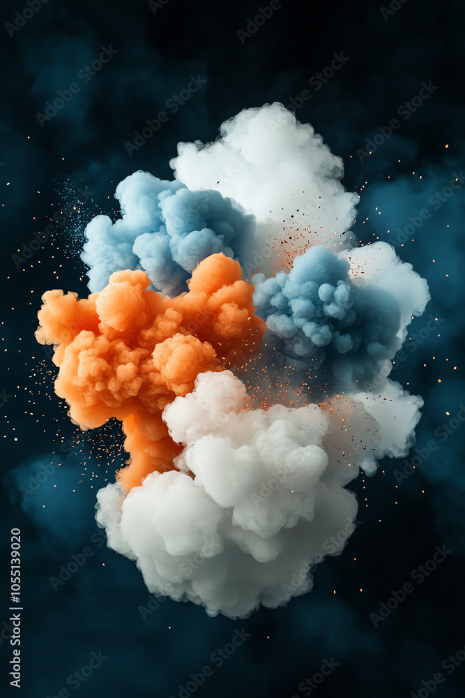Poster explosive firecracker display featuring vibrant orange and blue smoke clouds in a dynamic burst of c