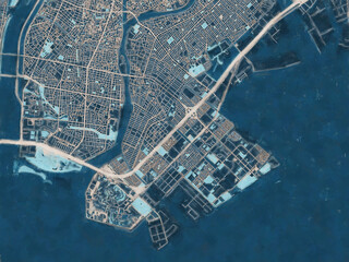 Painterly Style City Map of Urayasu, Japan in a Blue Color Scheme.