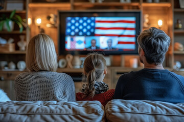 Obraz premium A Family Watching Presidential Election Coverage on TV Together in a Cozy Living Room