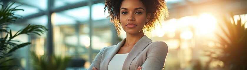 Confident Businesswoman in Modern Office with Sunlight Streaming Through Glass Windows and Green Plants