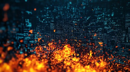 A burning stock ticker tape, financial documents scattered in the wind, city skyline on fire